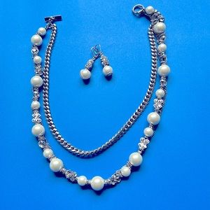 GIVENCHY Pearl & Rhinestone Silver Costume Necklace and Earrings